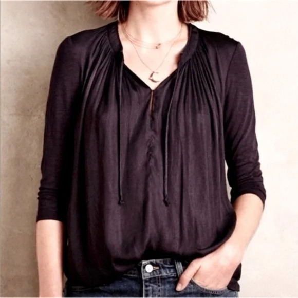 Anthropologie Dolan Lucille Pleated Tie Neck Peasant Blouse in Charcoal Gray, S - Picture 1 of 9